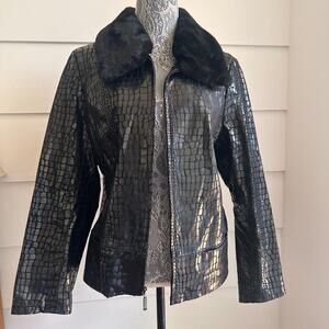 Bradley Bayou Crocodile Embossed Leather Jacket with Faux Fur Collar